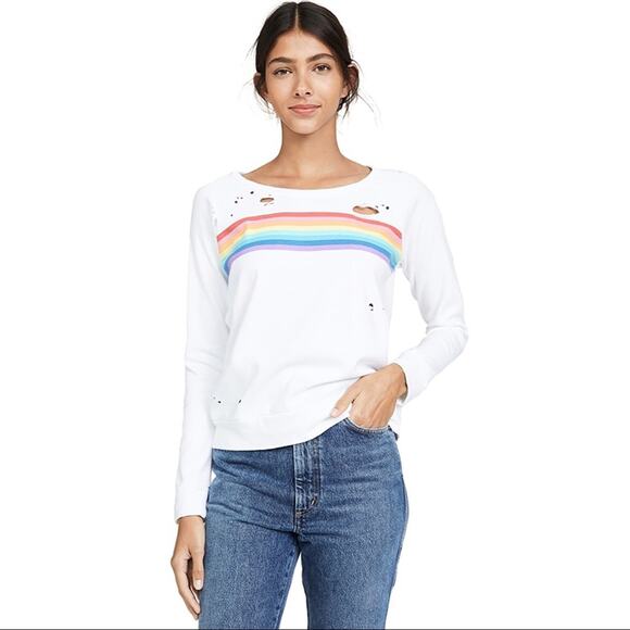 Chaser Sweaters - Chaser Distressed Rainbow Stripe Crew Sweatshirt
